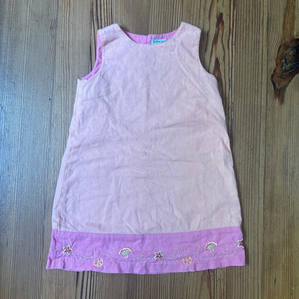 Lydia Jane light pink linen sleeveless seashell embroidered girls dress SIZE 5‎